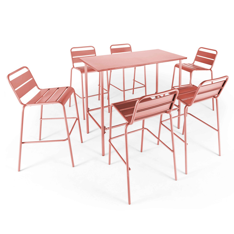 Table haute de jardin 120 x 60 cm et 6 chaises hautes en métal