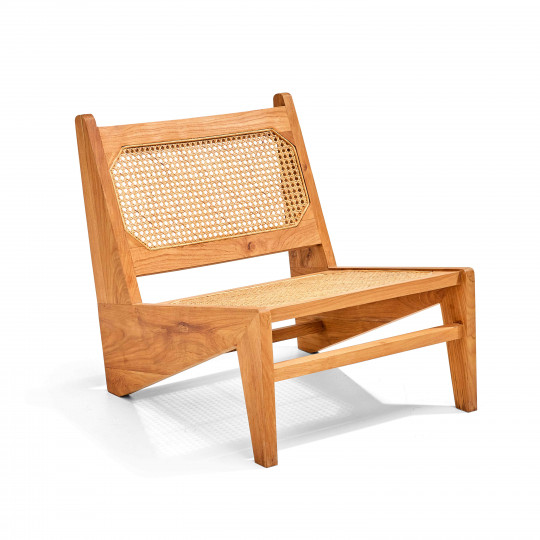 Fauteuil bas en rotin naturel et teck massif