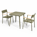 Table de jardin carrée 75 x 75 cm et 2 chaises avec accoudoirs en aluminium et bois