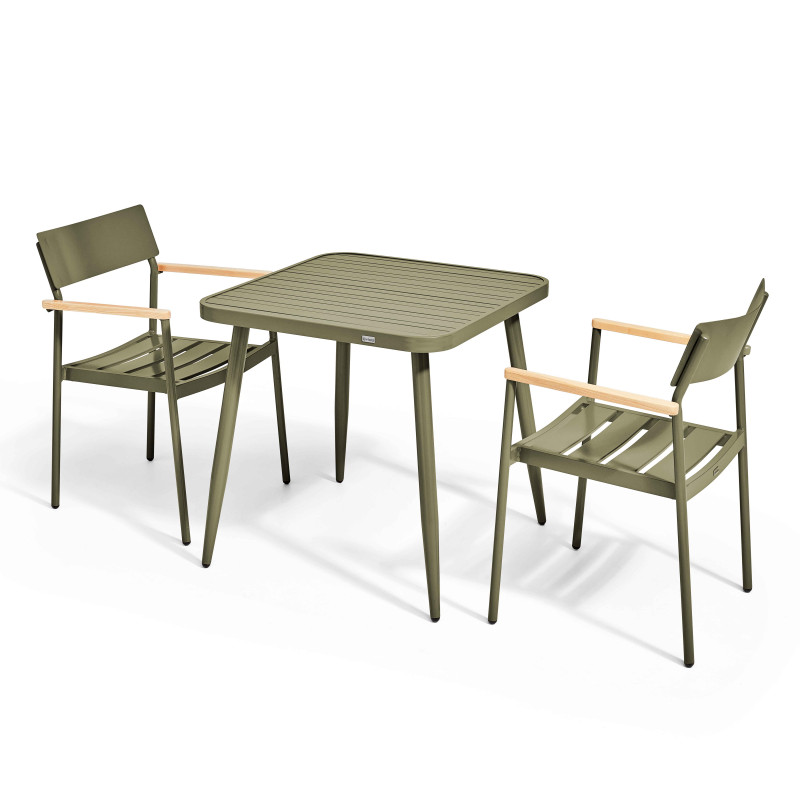 Table de jardin carrée 75 x 75 cm et 2 chaises avec accoudoirs en aluminium et bois
