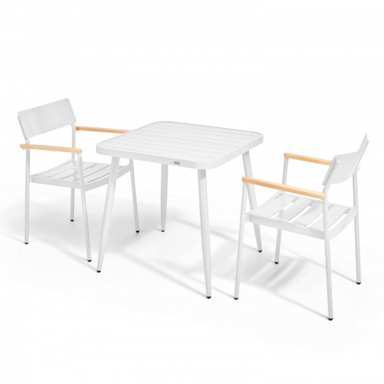 Table de jardin carrée en aluminium 75x75 cm et 2 chaises avec accoudoirs en bois | Oviala