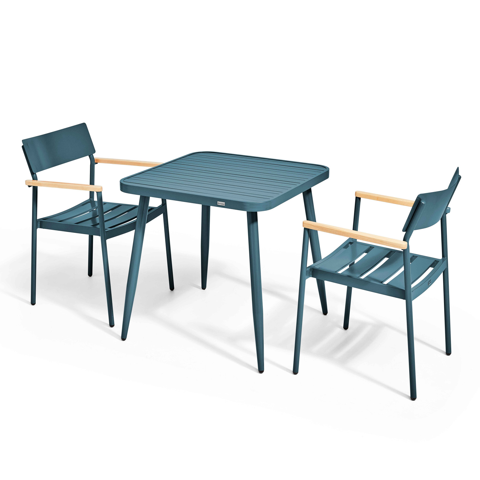 Table de jardin carrée 75 x 75 cm et 2 chaises avec accoudoirs en aluminium et bois