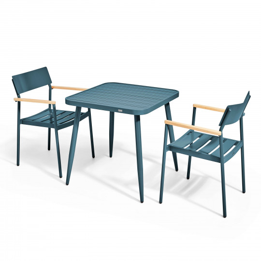 Table de jardin carrée en aluminium 75x75 cm et 2 chaises avec accoudoirs en bois | Oviala