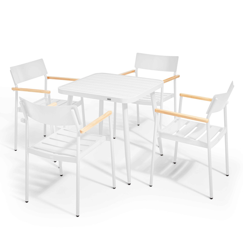 Table de jardin carrée 75 x 75 x 76 cm et 4 chaises avec accoudoirs en aluminium et bois
