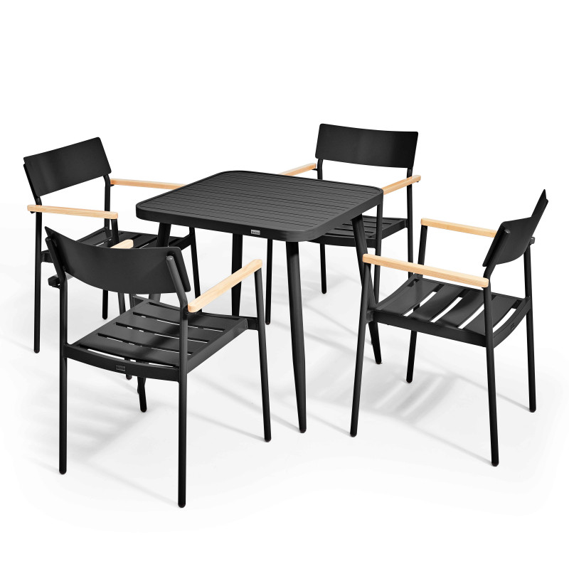 Table de jardin carrée 75 x 75 x 76 cm et 4 chaises avec accoudoirs en aluminium et bois