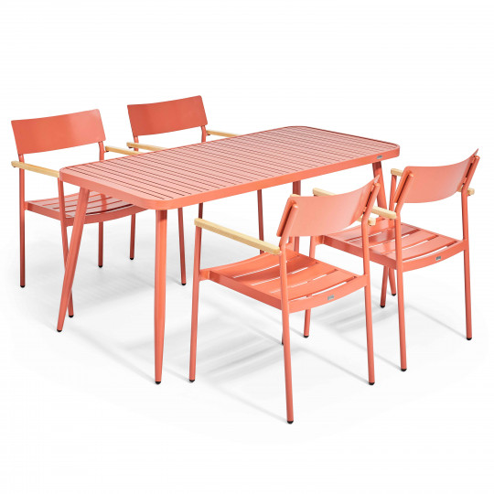 Table de jardin en aluminium 150x75 cm et 4 chaises avec accoudoirs en bois | Oviala