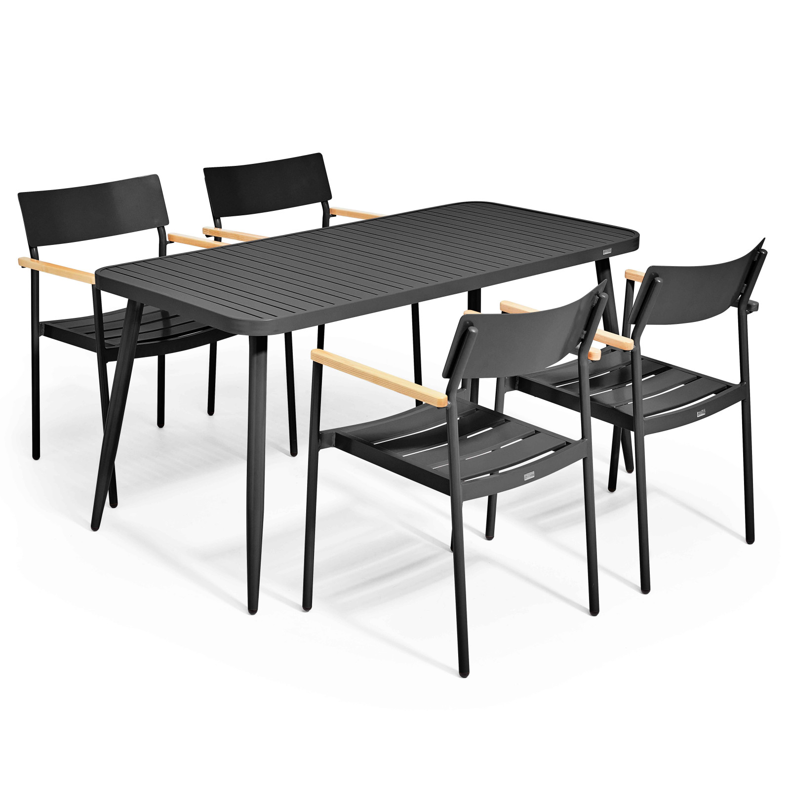 Table de jardin rectangulaire 150 x 75 cm avec 4 chaises avec accoudoirs en aluminium et bois