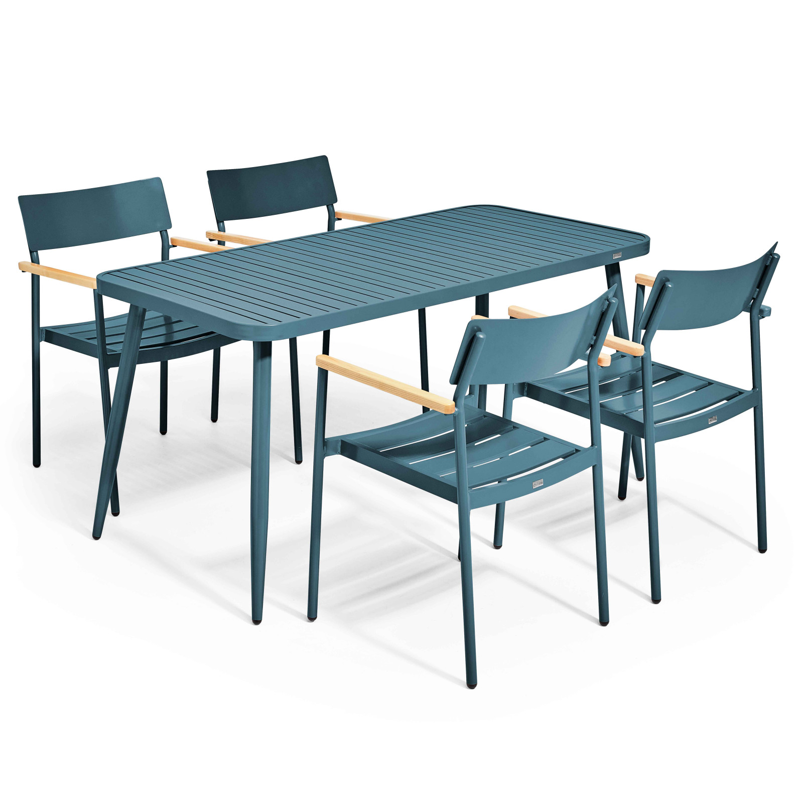 Table de jardin rectangulaire 150 x 75 cm avec 4 chaises avec accoudoirs en aluminium et bois