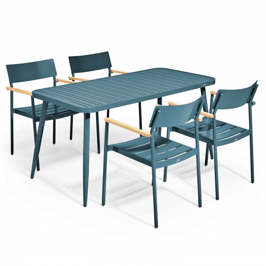 Table de jardin en aluminium 150x75 cm et 4 chaises avec accoudoirs en bois | Oviala