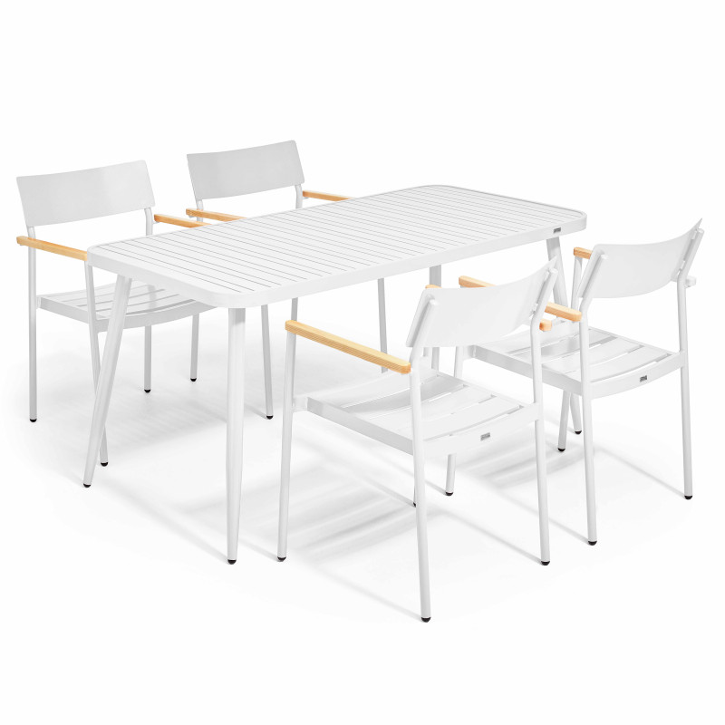 Table de jardin rectangulaire 150 x 75 cm avec 4 chaises avec accoudoirs en aluminium et bois