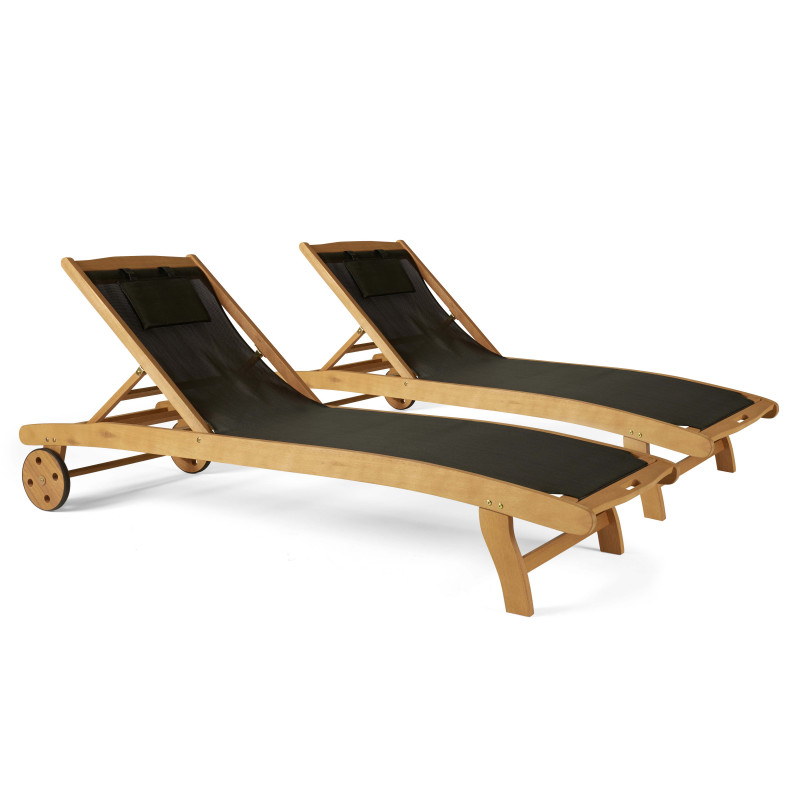 Lot de 2 bains de soleil en bois FSC avec roues, inclinables 5 positions