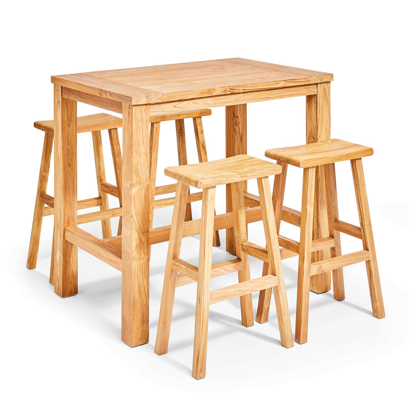 Table et 4 tabourets de bar en teck recyclé massif