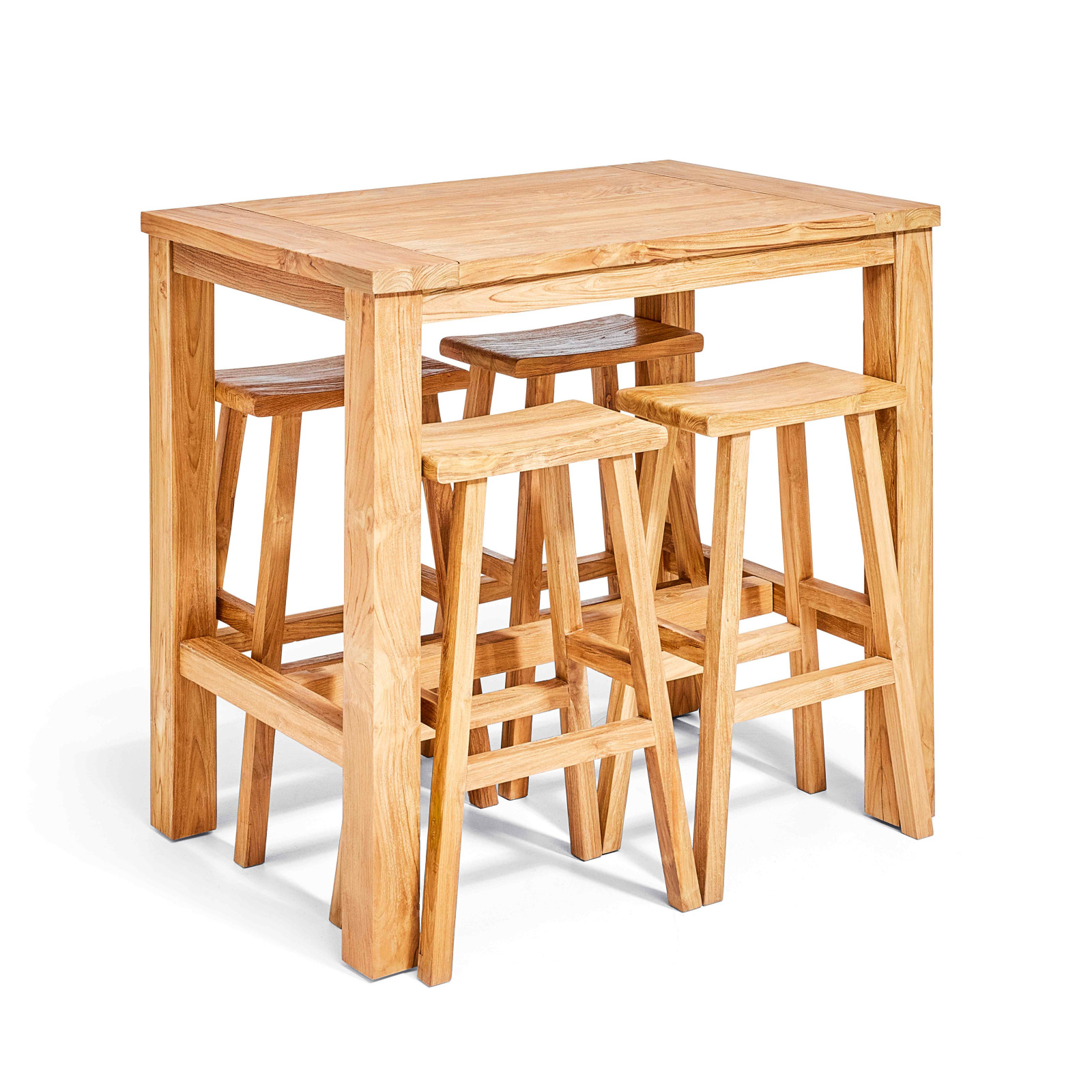 Table et 4 tabourets de bar en teck recyclé massif