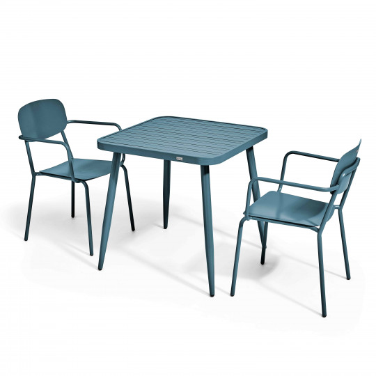 Table de jardin carrée en aluminium 75x75 cm et 2 chaises avec accoudoirs | Oviala