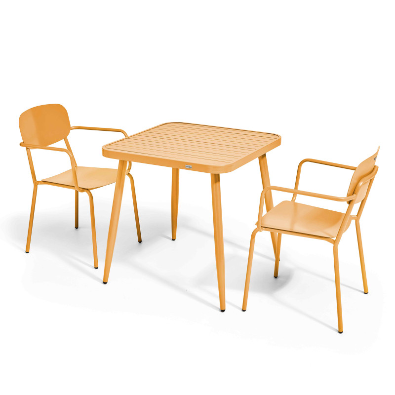 Table de jardin carrée 75 x 75 cm et 2 chaises avec accoudoirs en aluminium