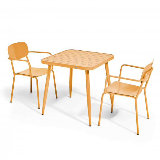 Table de jardin carrée 75 x 75 cm et 2 chaises avec accoudoirs en aluminium