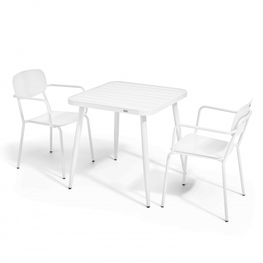 Table de jardin carrée 75 x 75 cm et 2 chaises avec accoudoirs en aluminium