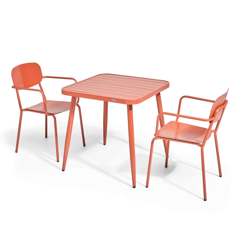Table de jardin carrée 75 x 75 cm et 2 chaises avec accoudoirs en aluminium