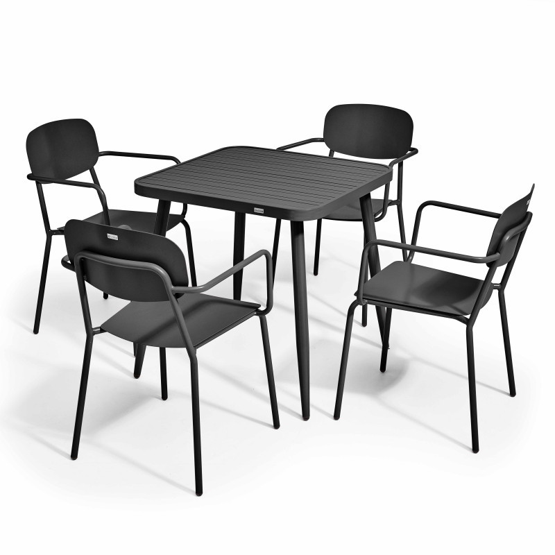 Table de jardin carré 75 x 75 cm et 4 chaises avec accoudoirs en aluminium