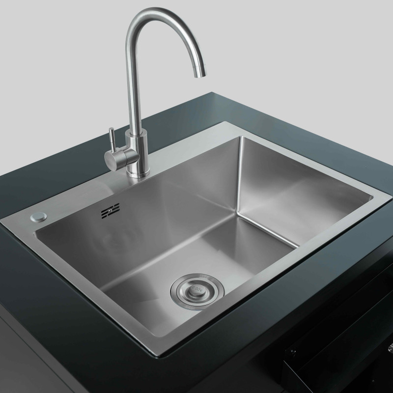 Cuisine d’extérieur d'angle en acier 7 éléments dont 3 modules de cuisson et évier