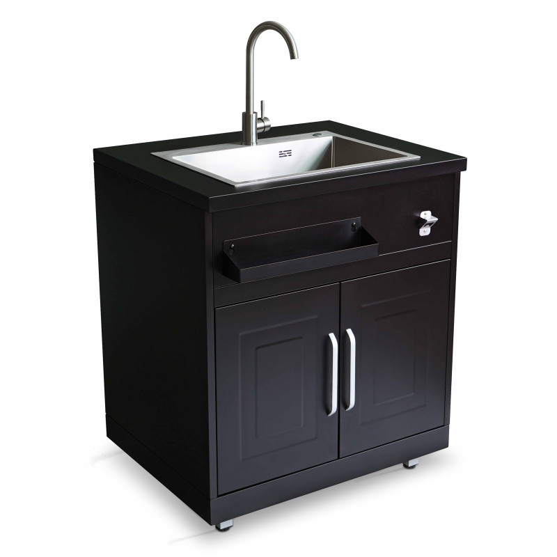 Cuisine d’extérieur d'angle en acier 7 éléments dont 3 modules de cuisson et évier