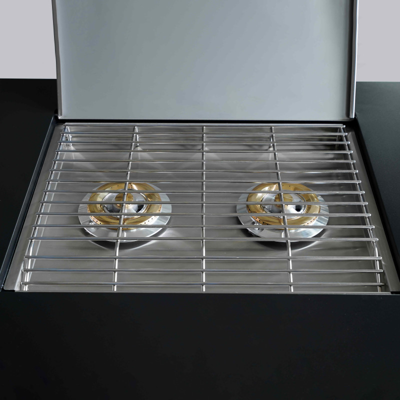 Cuisine d’extérieur d'angle en acier 7 éléments dont 3 modules de cuisson et évier