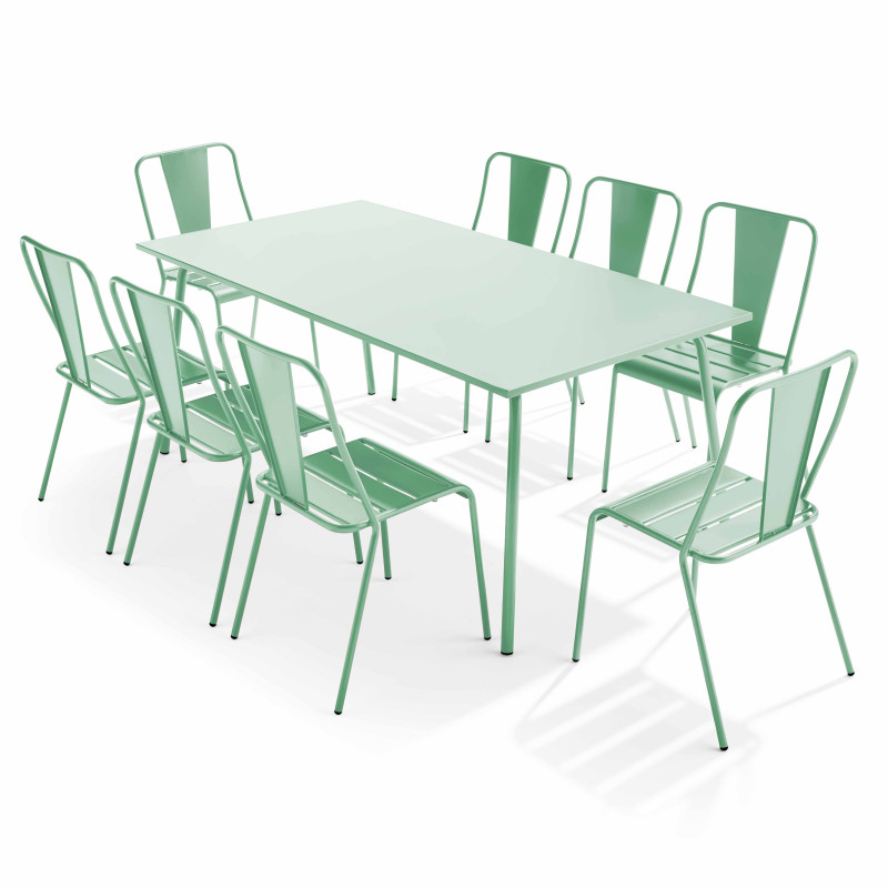 Table de jardin rectangulaire 180 x 90 et 8 chaises bistrot en métal