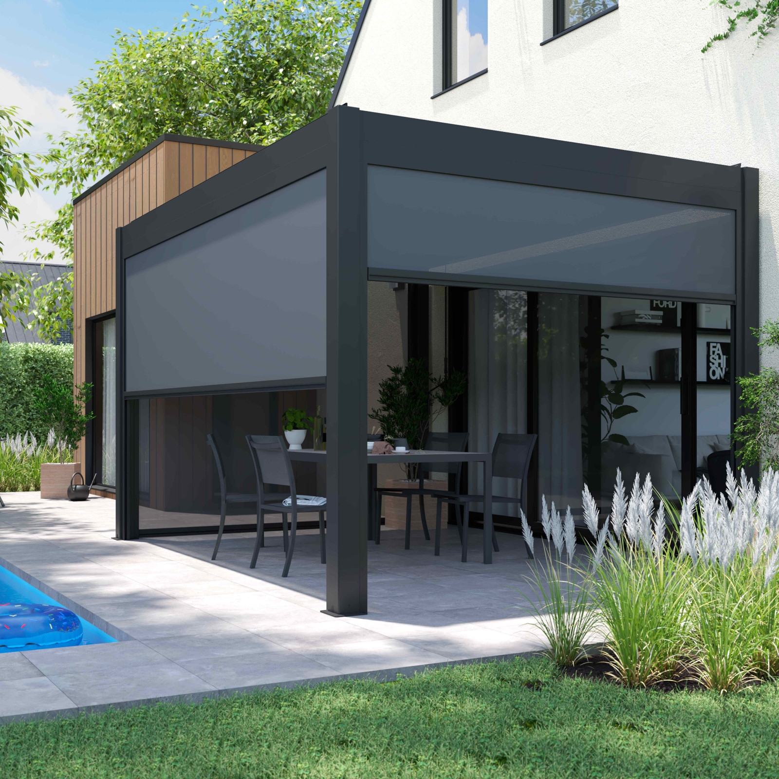 Pergola bioclimatique 3x4m autoportée en aluminium avec 1, 2 ou 3 stores