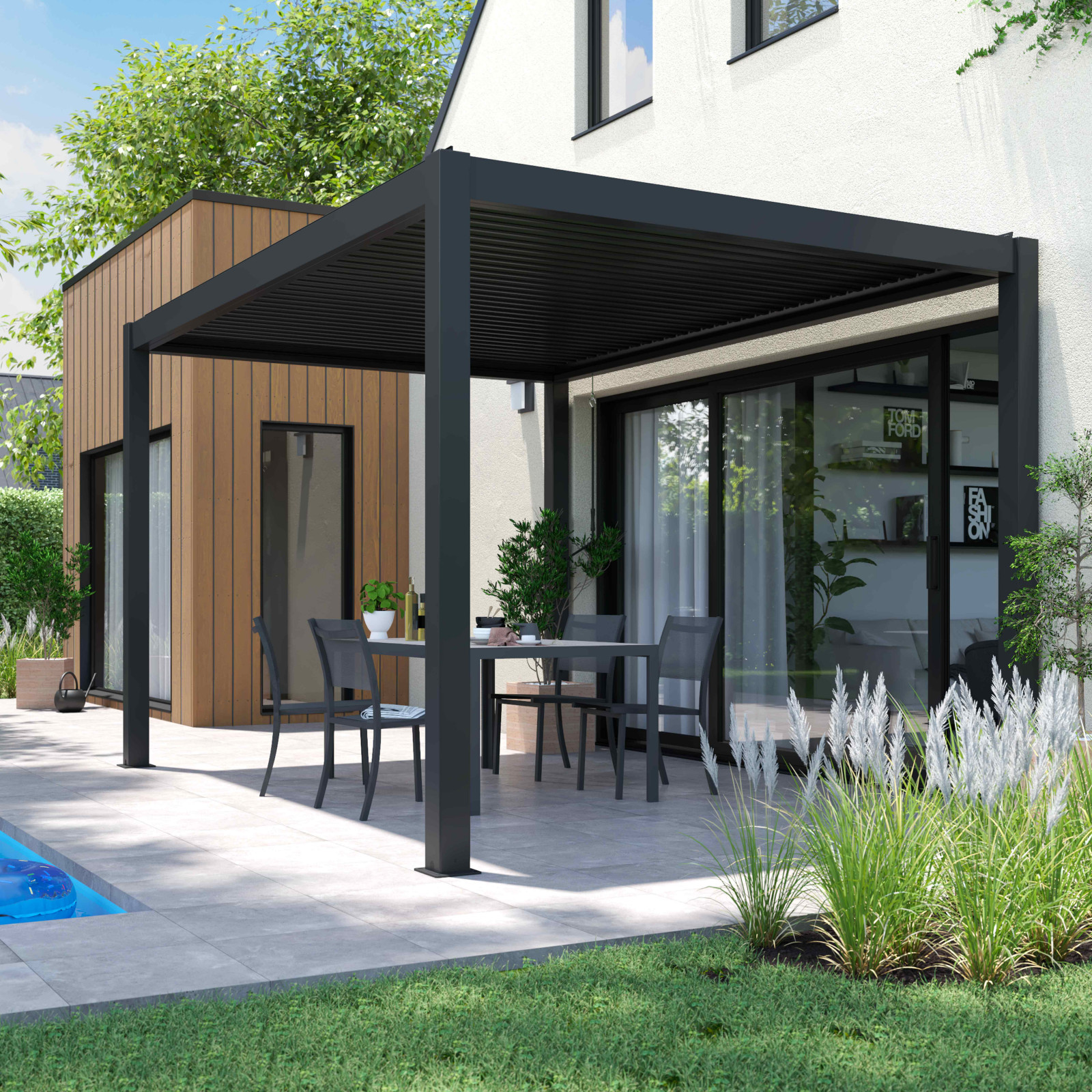 Pergola bioclimatique 3x4m autoportée en aluminium avec 1, 2 ou 3 stores