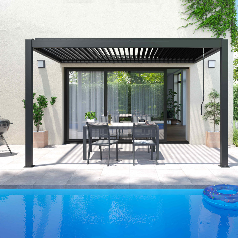 Pergola bioclimatique adossée 3x4m en aluminium avec 1, 2 ou 3 stores