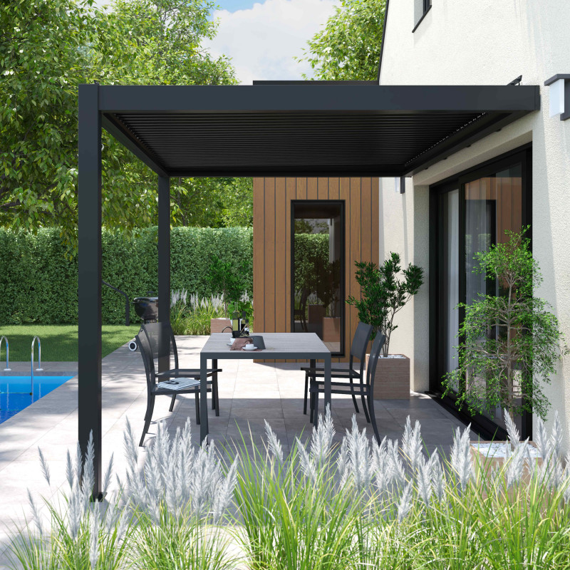 Pergola bioclimatique adossée 3x4m en aluminium avec 1, 2 ou 3 stores