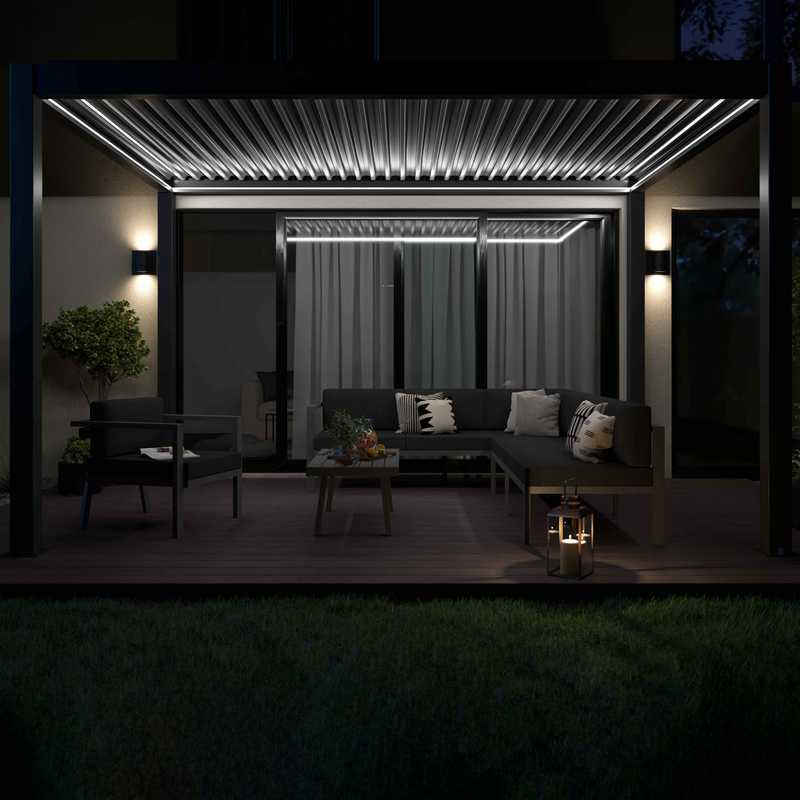 Pergola bioclimatique autoportée motorisée en aluminium 3x4m avec éclairage LED
