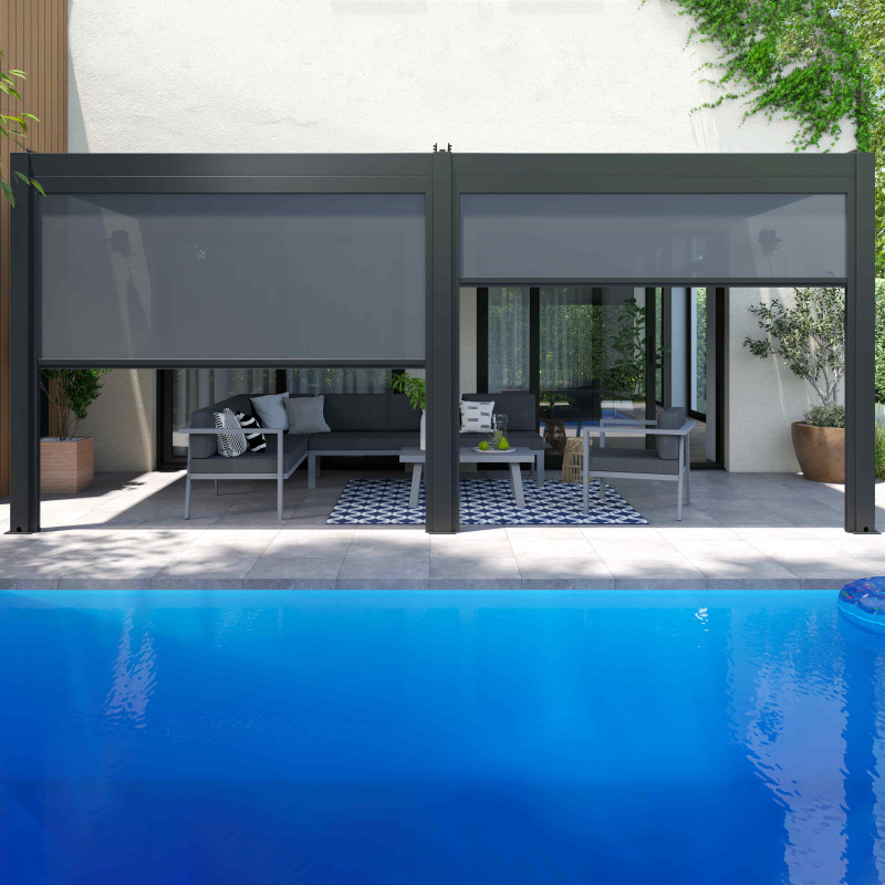 Pergola bioclimatique 3x6m autoportée en aluminium avec 2 ou 4 stores