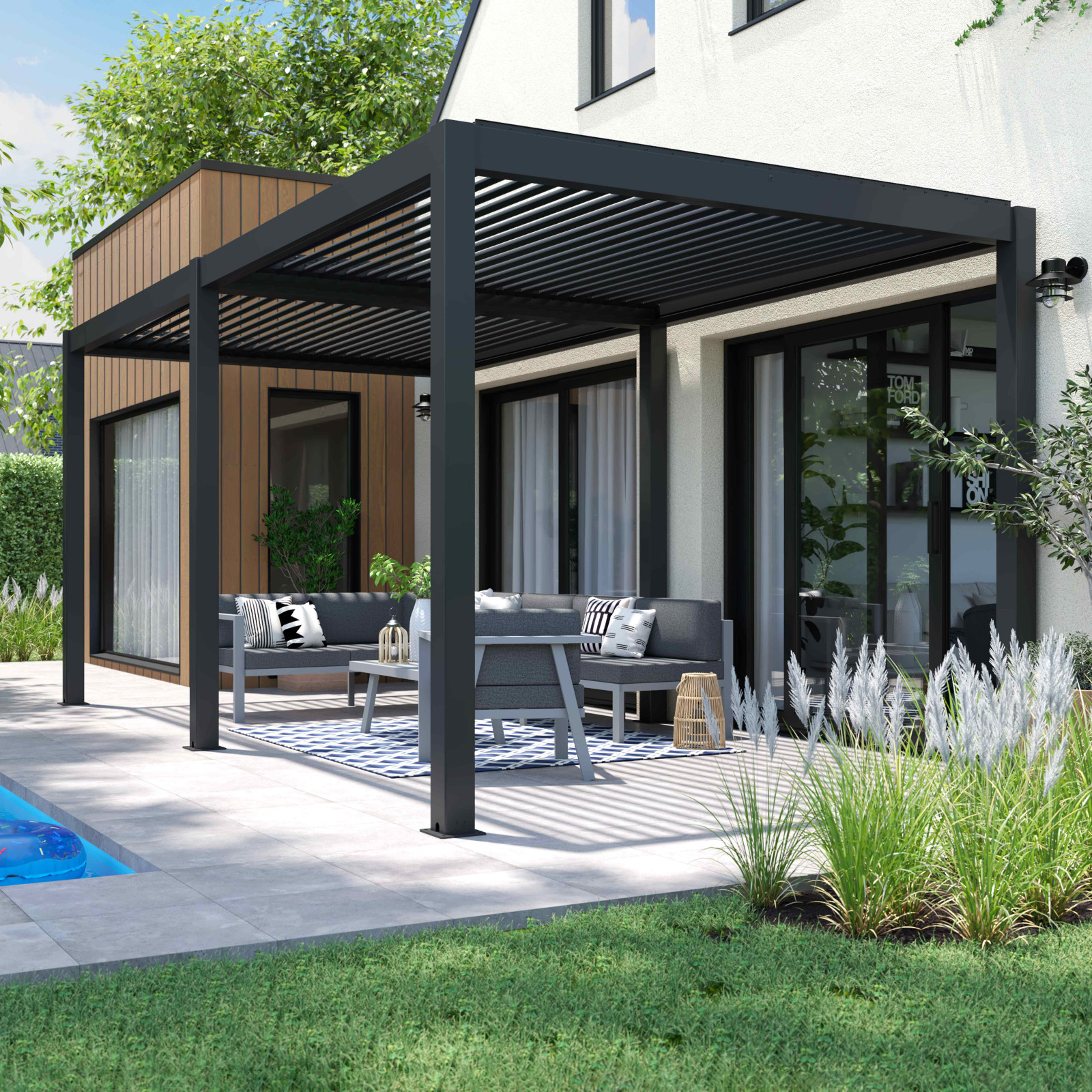 Pergola bioclimatique 3x6m autoportée en aluminium avec 2 ou 4 stores