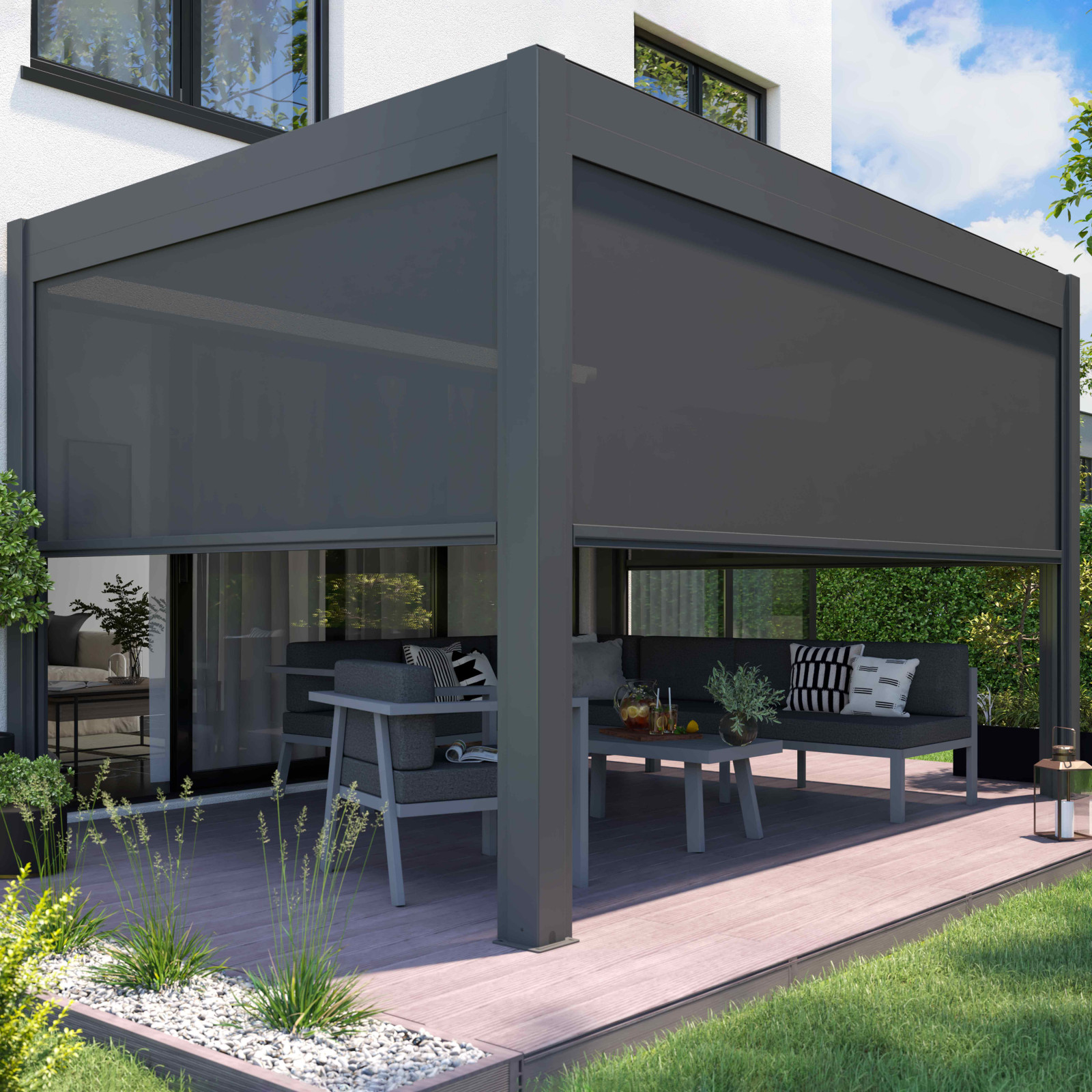 PERGOLA BIOCLIMATIQUE ALU AVEC STORES LATÉRAUX