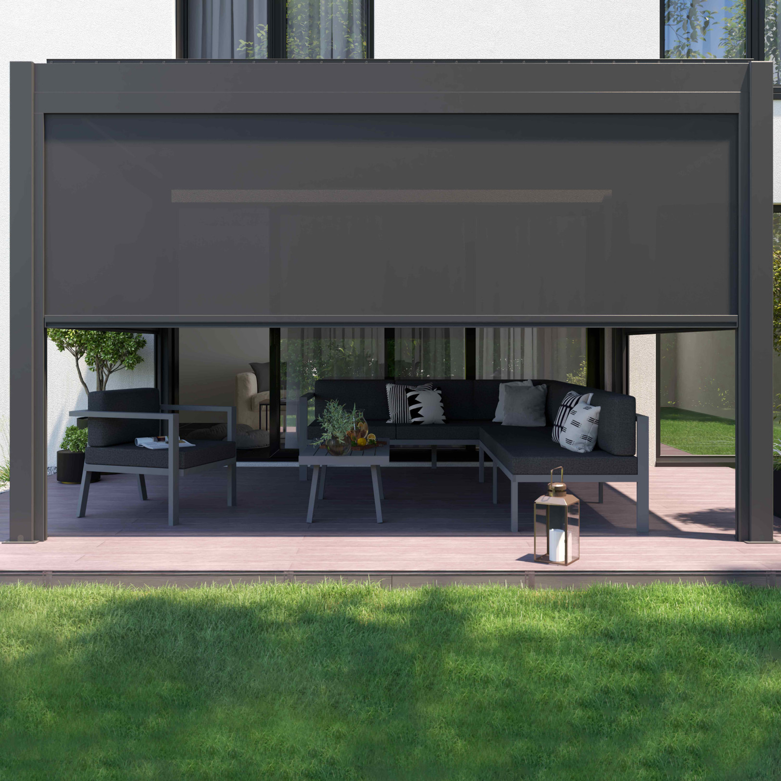 Pergola bioclimatique autoportée motorisée 3x4m en aluminium avec 1, 2 ou 3 stores Pergola bioclimatique autoportée motorisée 3x4m en aluminium avec 1, 2 ou 3 stores
