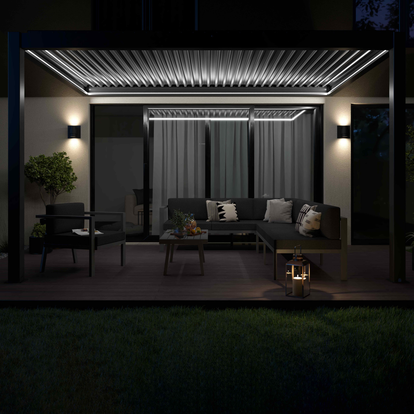Pergola adossée motorisée/éclairée en aluminium 3x4m avec 1, 2 ou 3 stores