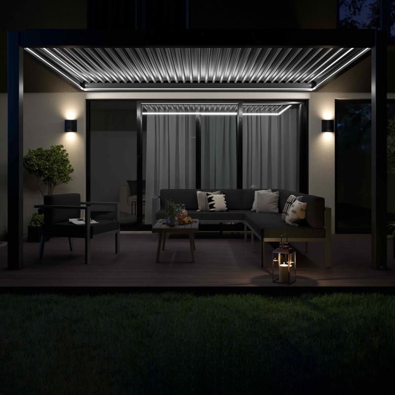 Pergola adossée motorisée/éclairée en aluminium 3x4m avec 1, 2 ou 3 stores