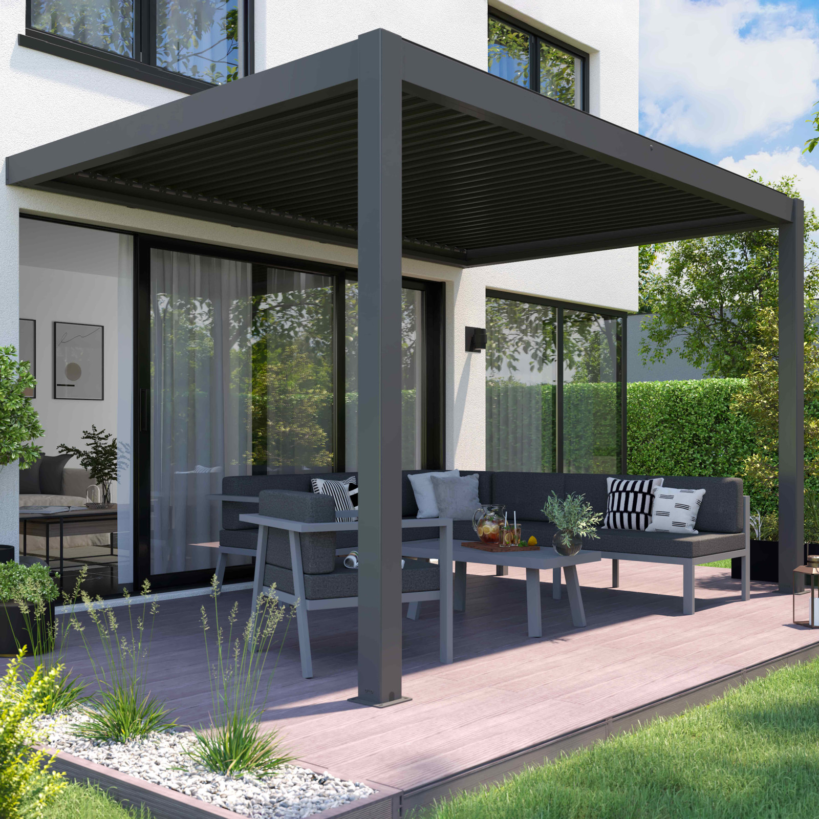 Pergola adossée motorisée/éclairée en aluminium 3x4m avec 1, 2 ou 3 stores