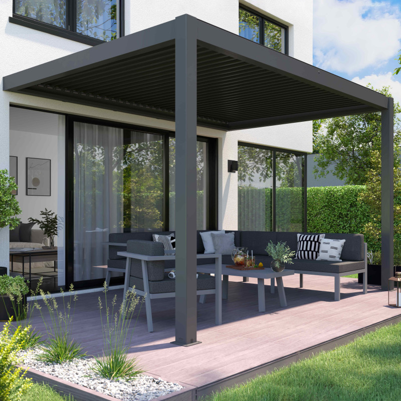 Pergola adossée motorisée/éclairée en aluminium 3x4m avec 1, 2 ou 3 stores