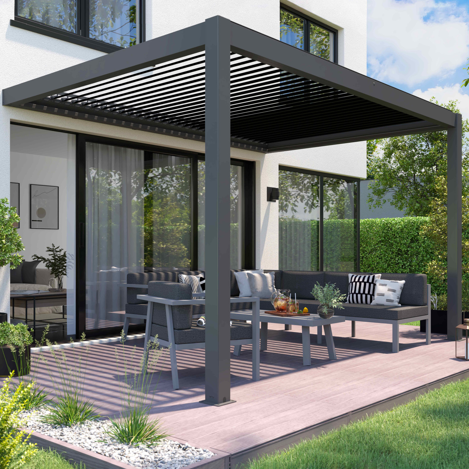 Pergola adossée motorisée/éclairée en aluminium 3x4m avec 1, 2 ou 3 stores