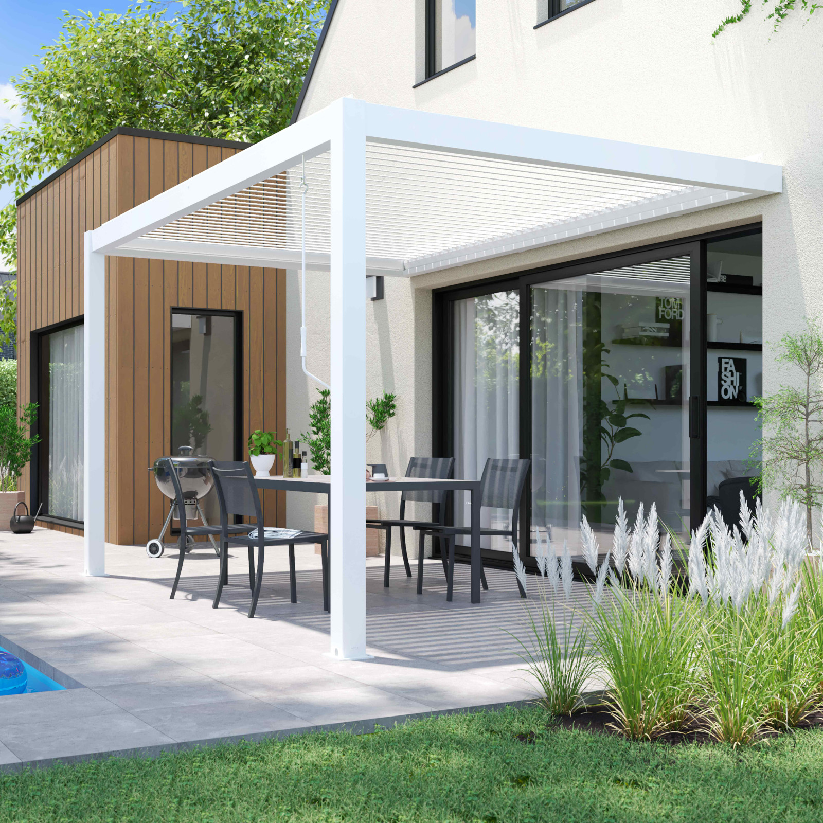 Pergola bioclimatique adossée 3x4m en aluminium blanc Pergola bioclimatique adossée 3x4m en aluminium blanc