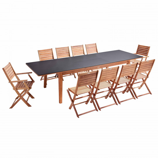 Table de jardin rectangulaire extensible avec 8 chaises et 2 chaises avec accoudoirs pliantes en eucalyptus