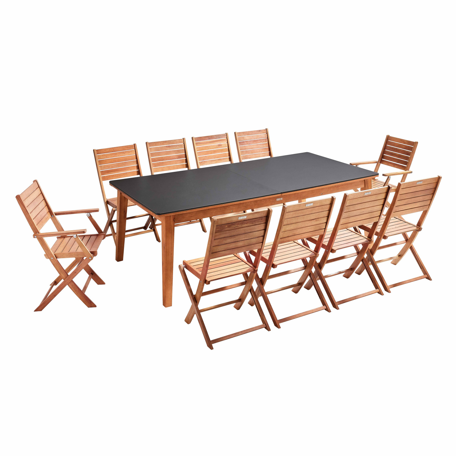 Table de jardin rectangulaire extensible avec 8 chaises et 2 chaises avec accoudoirs pliantes en eucalyptus