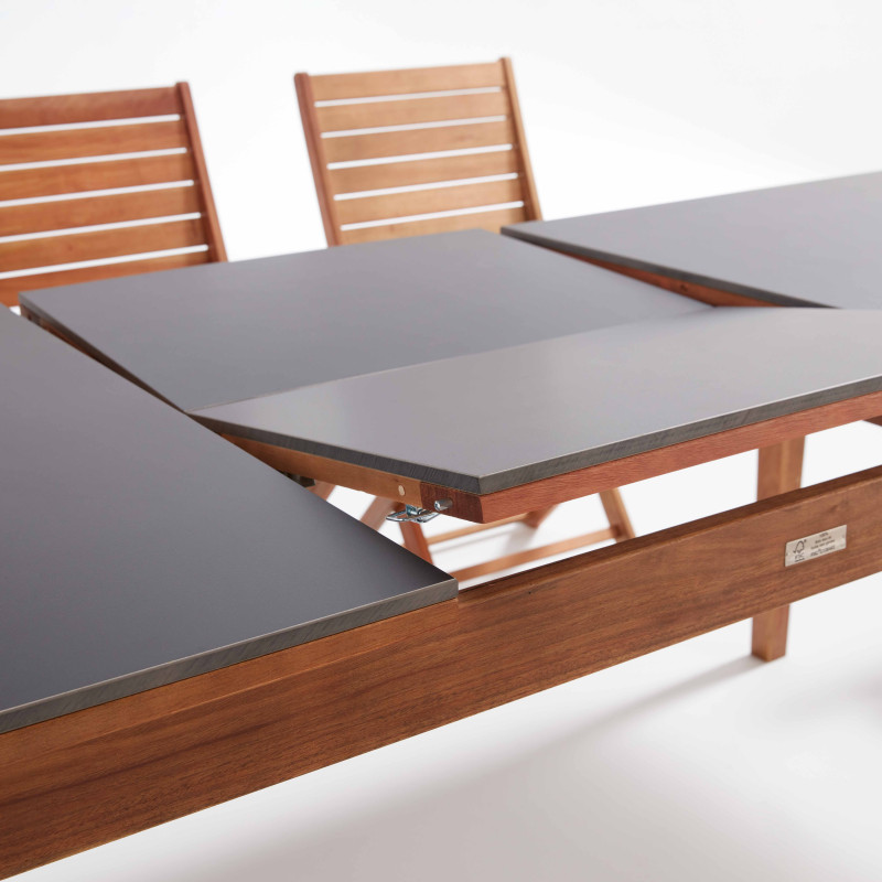 Table de jardin rectangulaire extensible avec 8 chaises et 2 chaises avec accoudoirs pliantes en eucalyptus