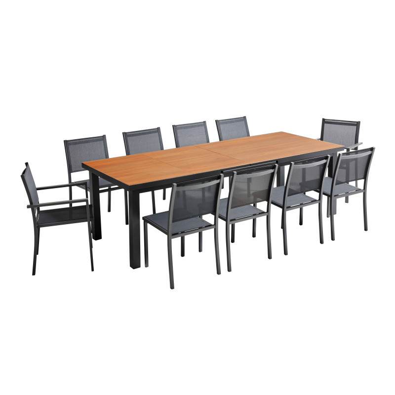 Ensemble table de jardin rectangulaire extensible 320 x 100 x 76 cm avec 8 chaises et 2 chaises avec accoudoirs
