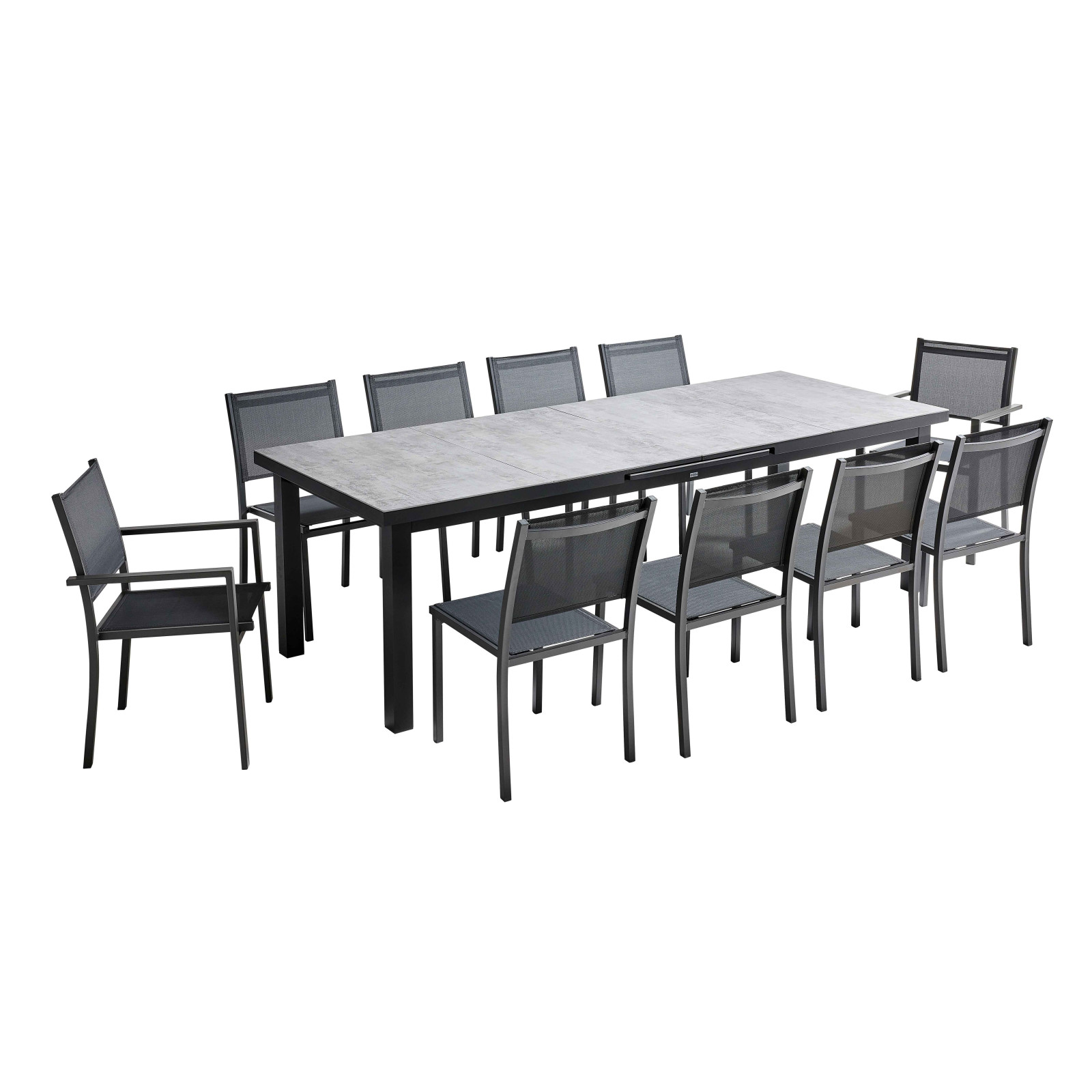Ensemble table de jardin rectangulaire extensible 320 x 100 x 76 cm avec 8 chaises et 2 chaises avec accoudoirs