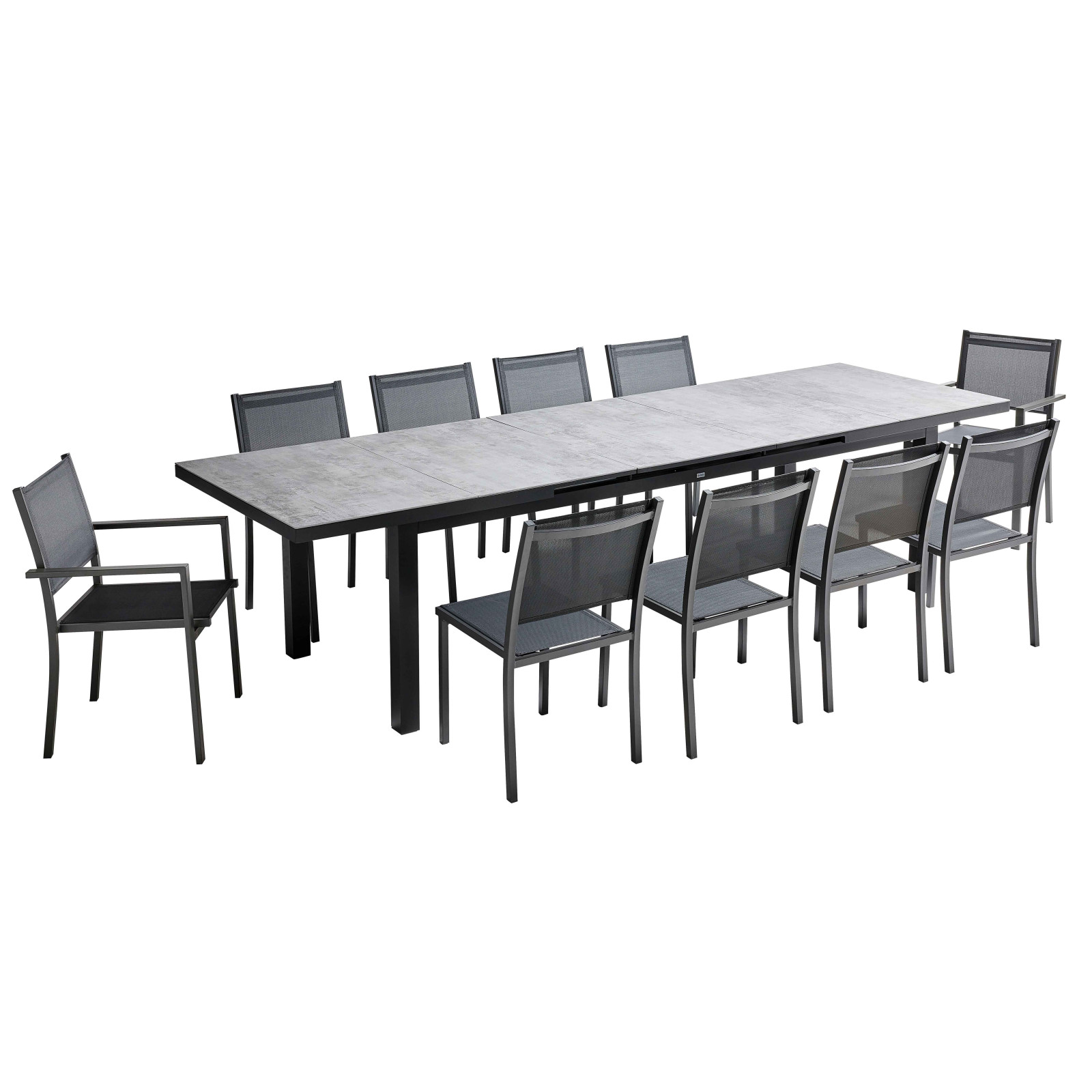 Ensemble table de jardin rectangulaire extensible 320 x 100 x 76 cm avec 8 chaises et 2 chaises avec accoudoirs