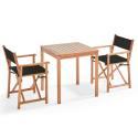 Table de jardin carrée 70 x 70 cm + 2 chaises avec accoudoirs pliantes en bois et textilène