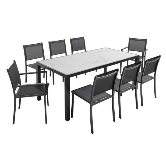 Table de jardin en céramique effet marbre 185 x 95 cm avec 6 chaises sans accoudoirs et 2 chaises avec accoudoirs